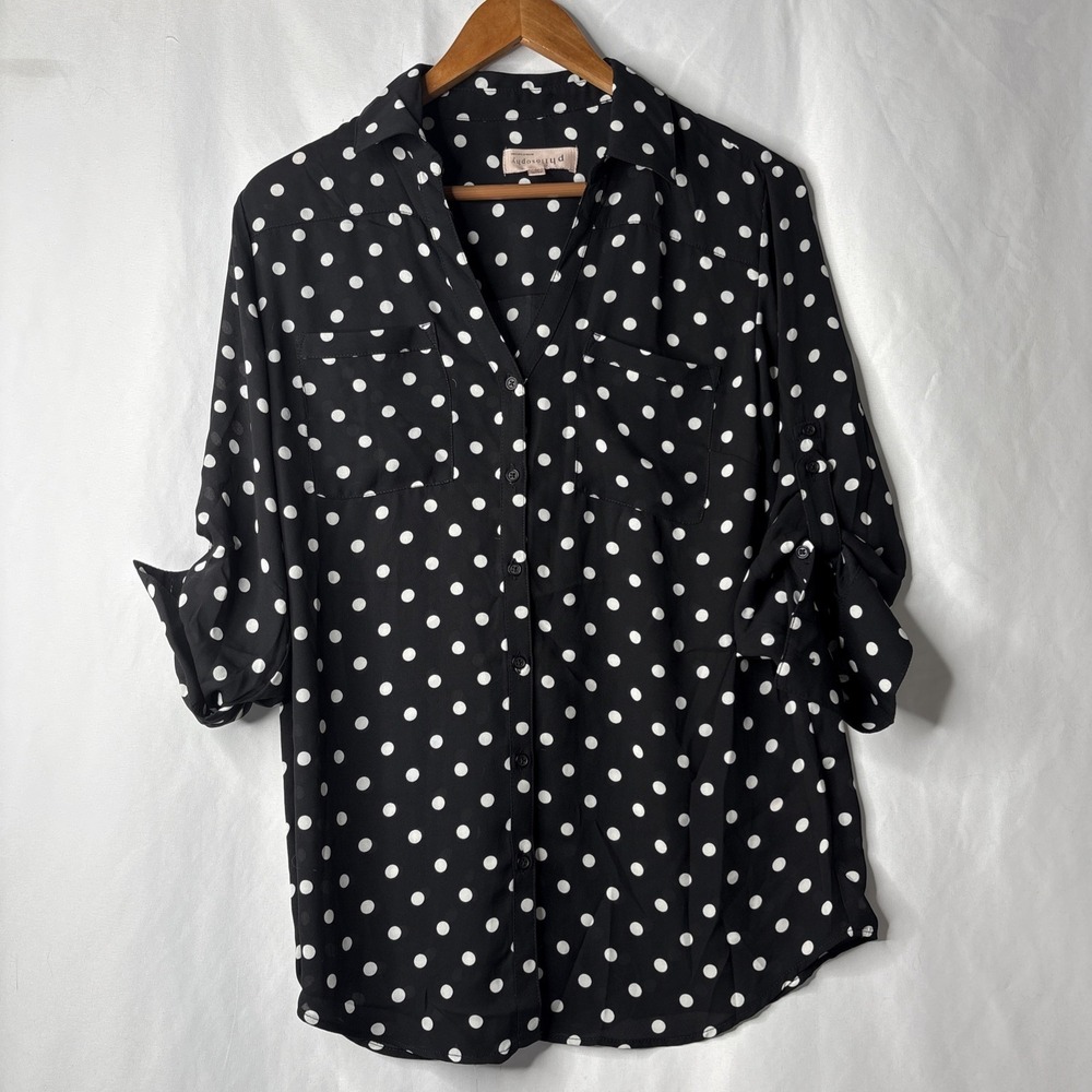 Philosophy Polka Dot Black White M Long Sleeve Blouse Roll Sleeve Button Front